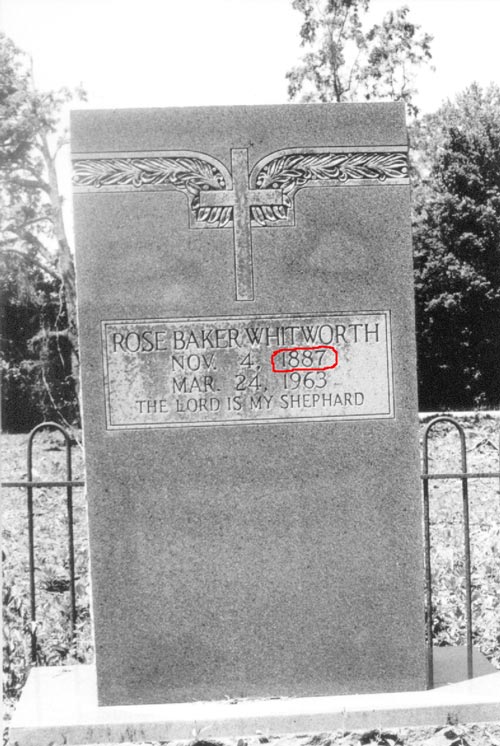 Tombstone of Rose Baker Whitworth, which says born 4 Nov 1887, died 24 Mar 1963