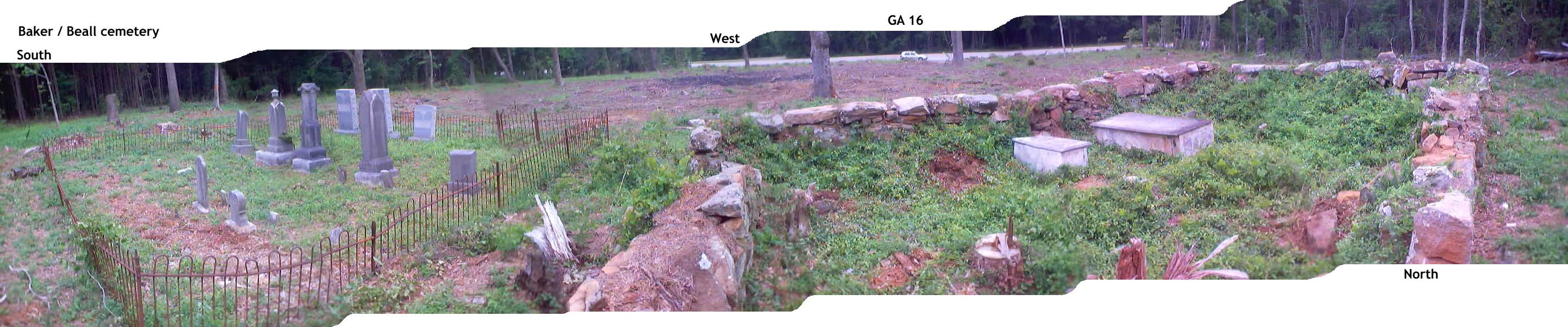 Panoramic view of the Baker / Beall cemetery, showing the old stone-walled plot and newer iron-fenced plot.