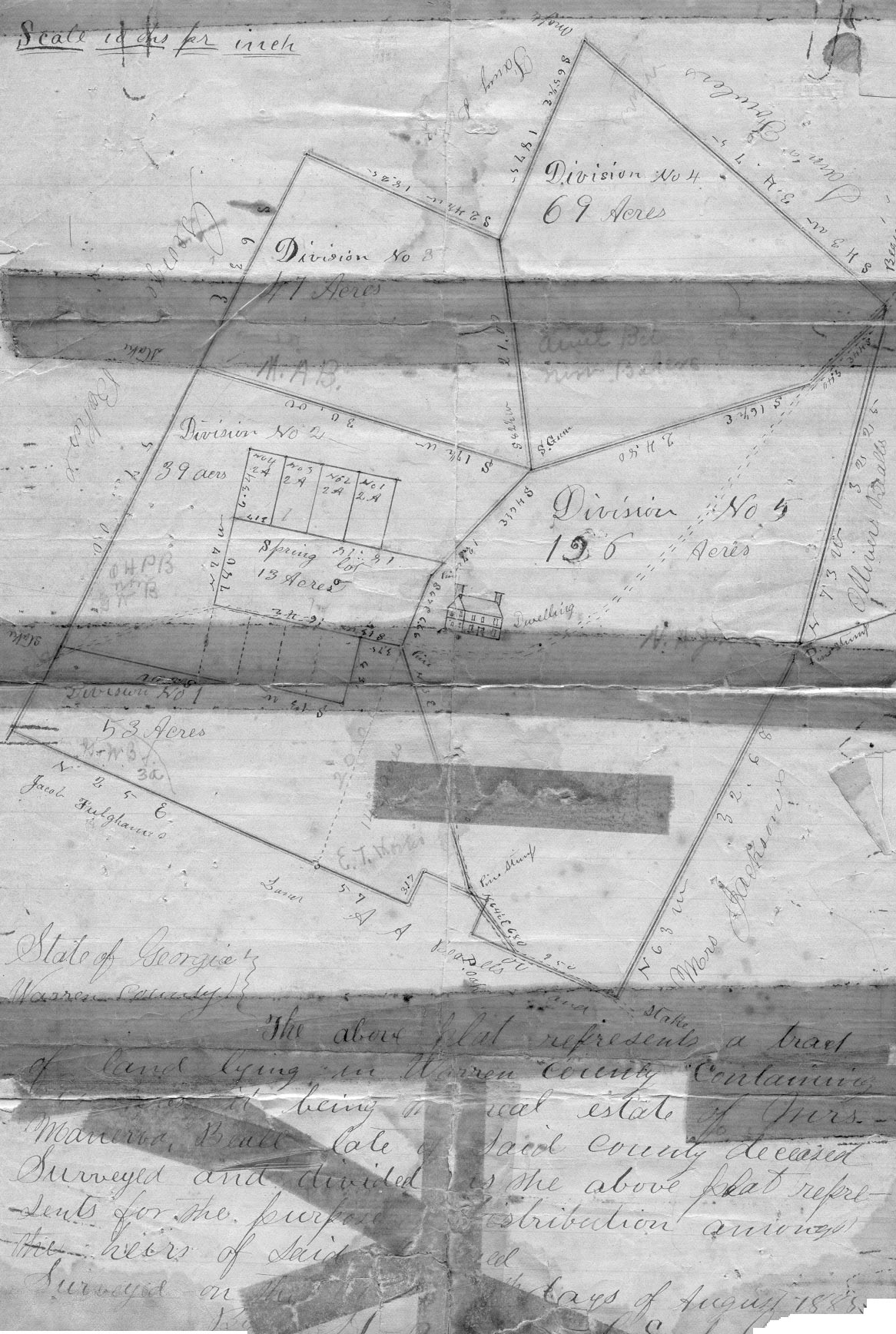 Plat drawing of the Minerva Massey estate, showing 5 farm divisions, 8 2-acre lots around the spring, and the 13-acre Spring Reservation